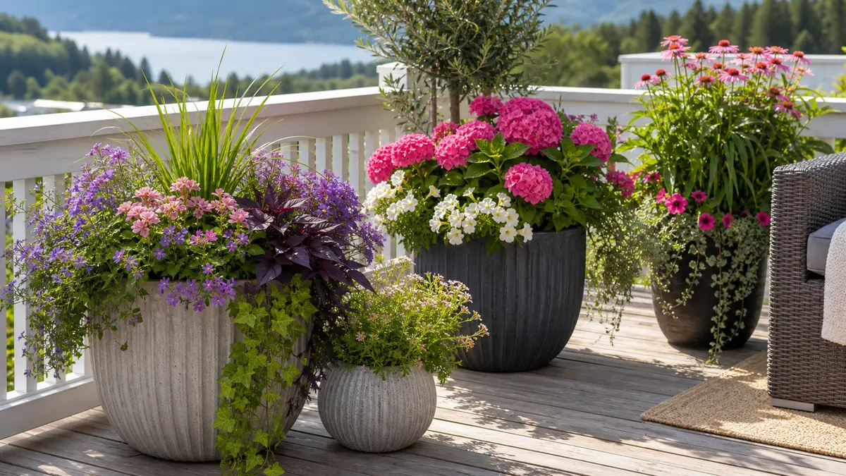 Blumen in Töpfen als redaktionelle Gartenillustration in einem deutschen Gartenumfeld