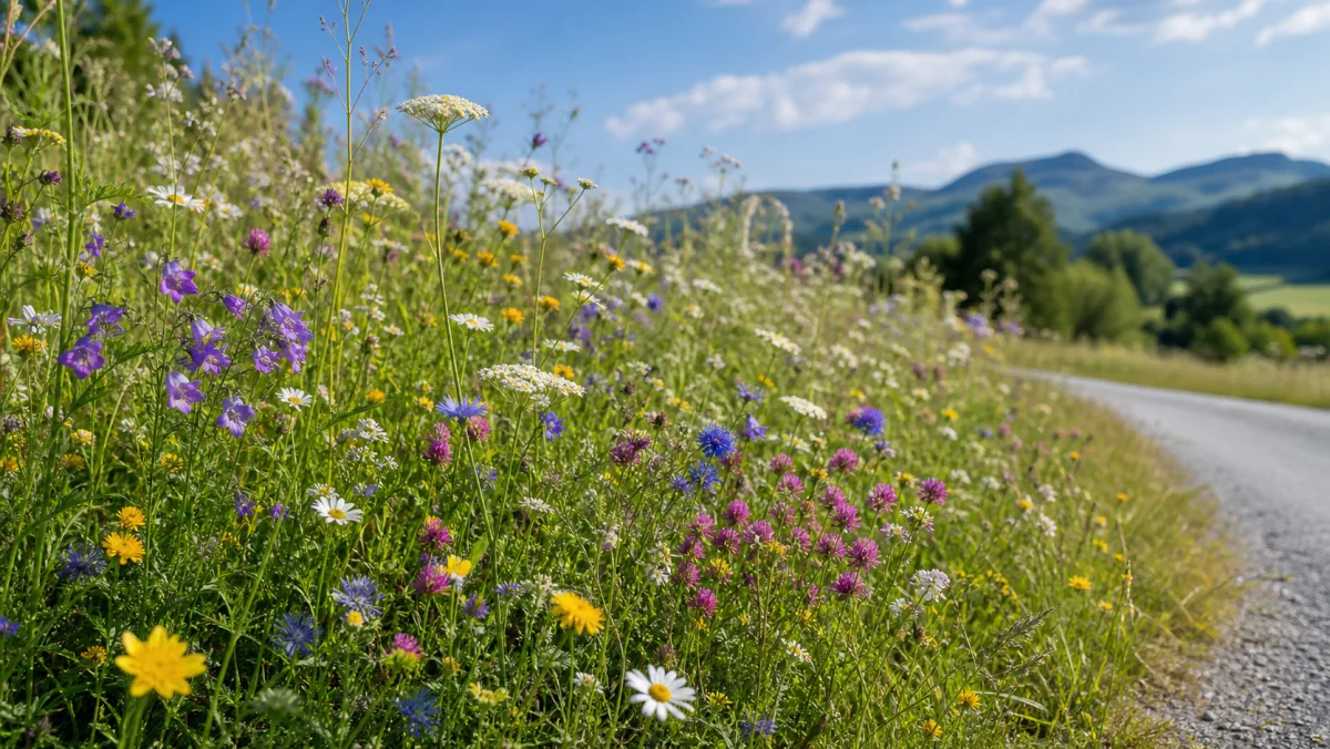 Blumen für Wegraine als redaktionelle Gartenillustration in einem deutschen Gartenumfeld