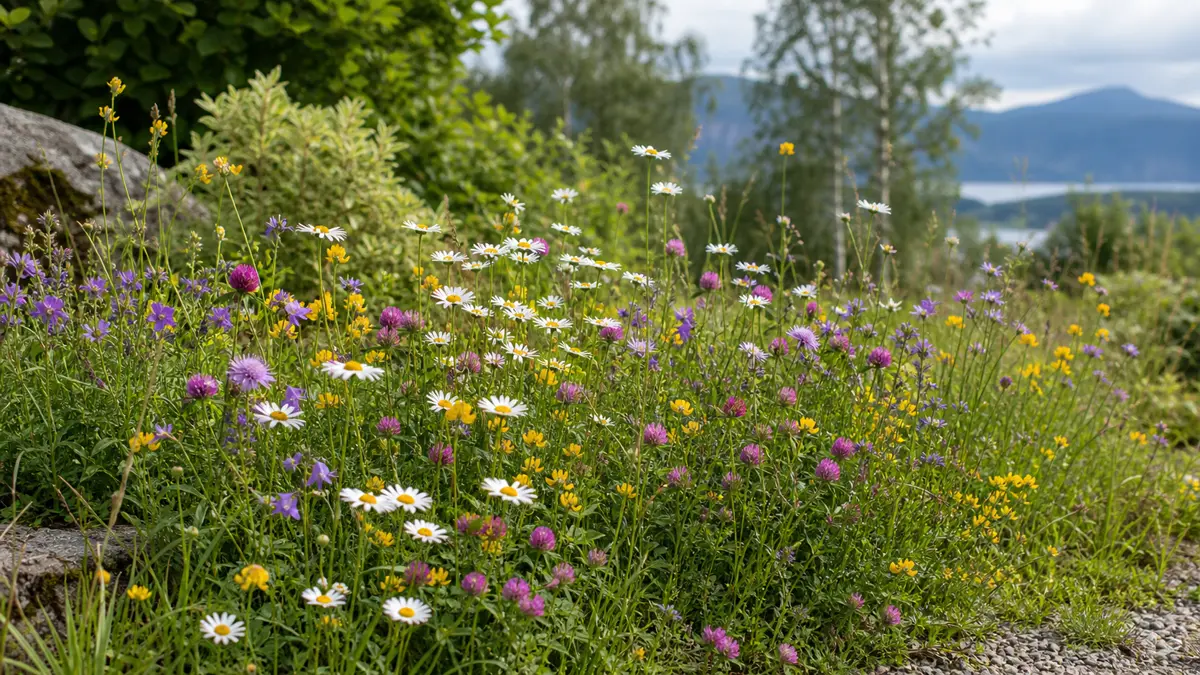 Wiesenblumen-Samen als redaktionelle Gartenillustration in einem deutschen Gartenumfeld