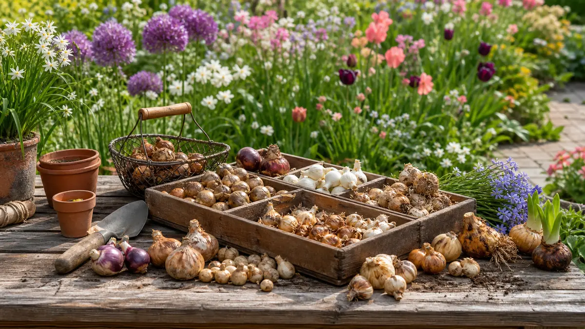 Blumenzwiebeln online als redaktionelle Gartenillustration in einem deutschen Gartenumfeld