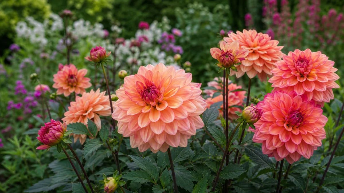 Dahlia 'American Dawn' als redaktionelle Gartenillustration in einem deutschen Gartenumfeld