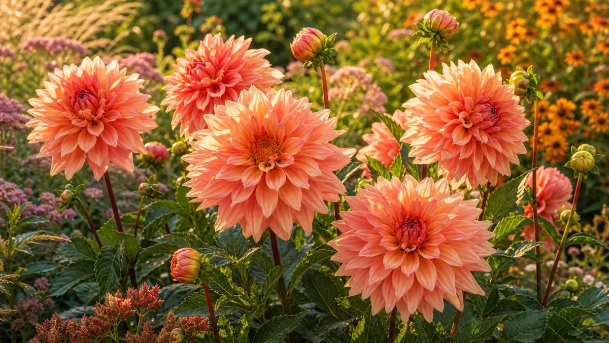 Dahlia 'Belle of Barmera' als redaktionelle Gartenillustration in einem deutschen Gartenumfeld