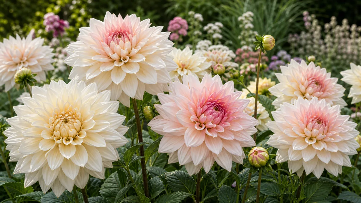 Dahlia 'Break Out' als redaktionelle Gartenillustration in einem deutschen Gartenumfeld