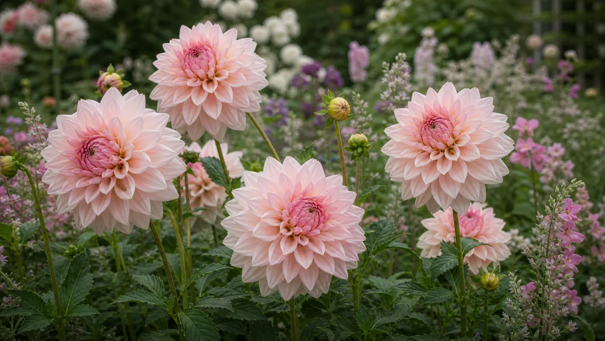 Dahlia 'Café au Lait Rose' als redaktionelle Gartenillustration in einem deutschen Gartenumfeld