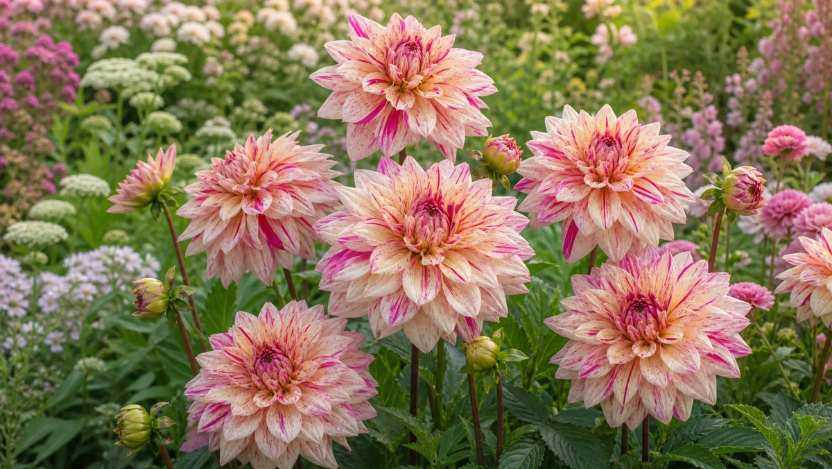 Dahlia 'Café au Lait Twist' als redaktionelle Gartenillustration in einem deutschen Gartenumfeld