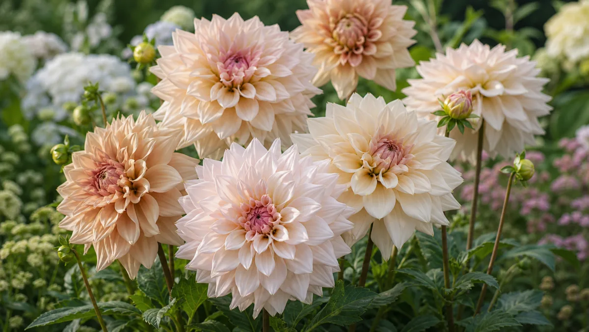 Dahlia 'Café au Lait' als redaktionelle Gartenillustration in einem deutschen Gartenumfeld