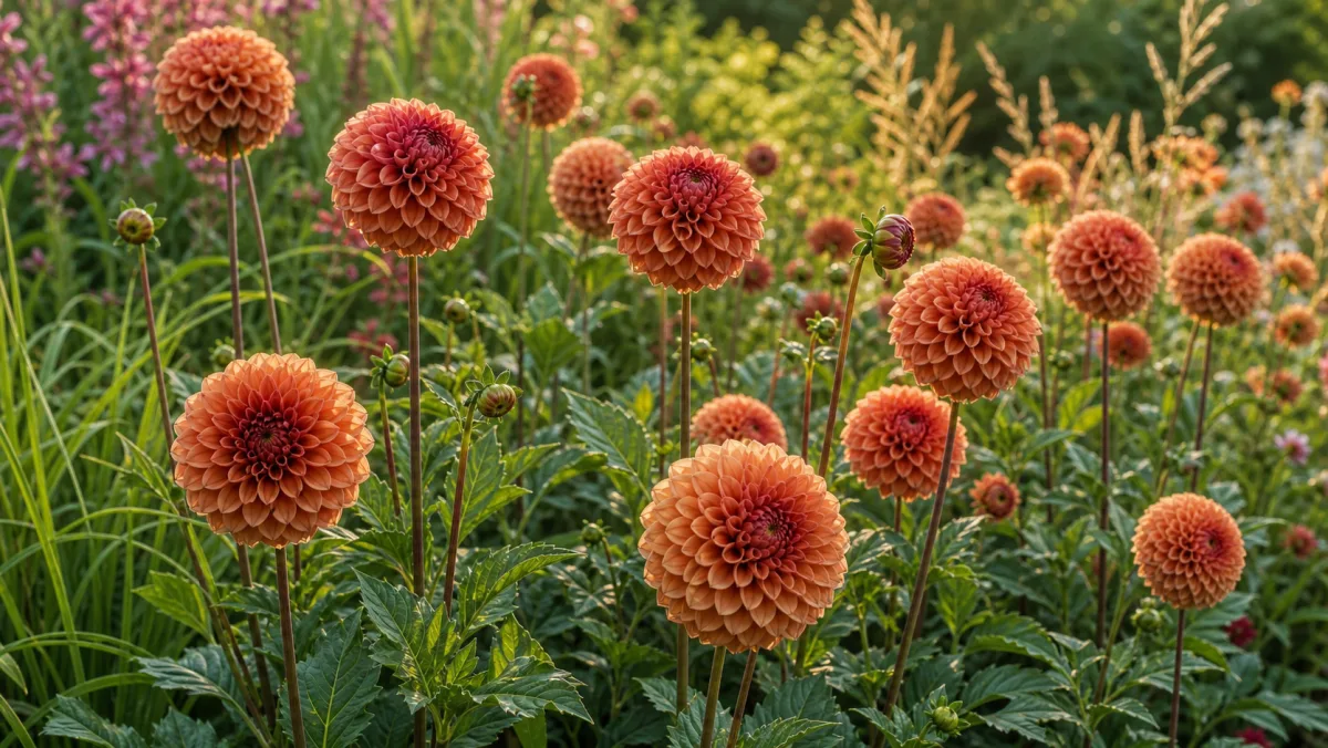 Dahlia 'Cornel Brons' als redaktionelle Gartenillustration in einem deutschen Gartenumfeld
