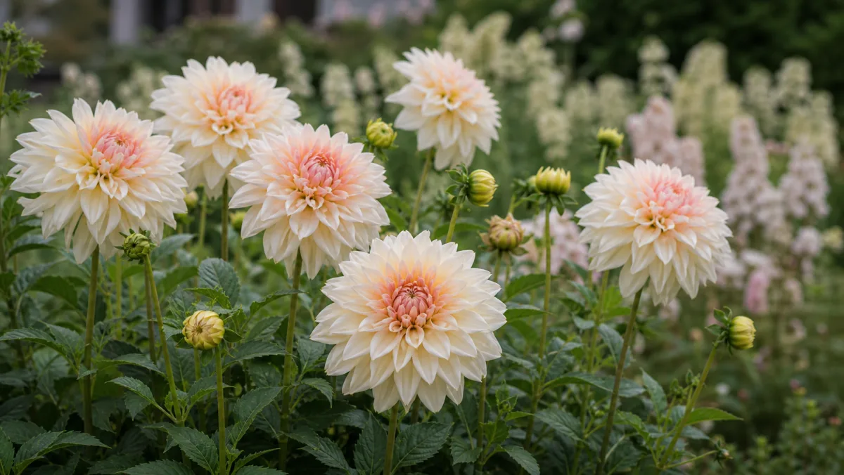 Dahlia 'Diana's Memory' als redaktionelle Gartenillustration in einem deutschen Gartenumfeld