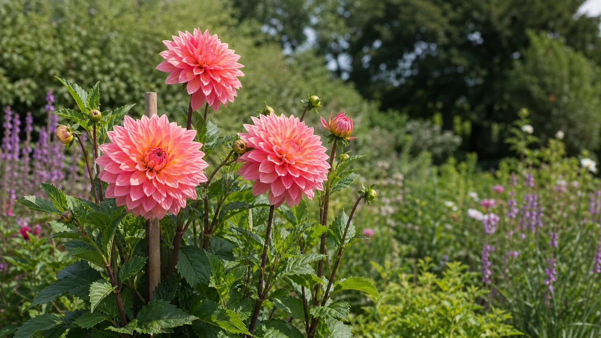 Pfirsichrosa Schmuckdahlien mit sichtbaren Stützstäben im Sommerbeet