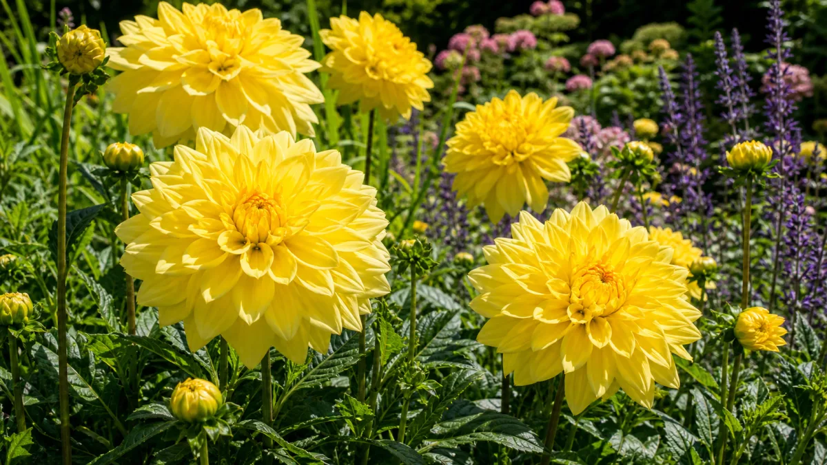Dahlia 'Fairway Spur' als redaktionelle Gartenillustration in einem deutschen Gartenumfeld