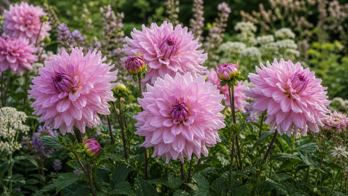 Dahlia 'Lavender Perfection' als redaktionelle Gartenillustration in einem deutschen Gartenumfeld
