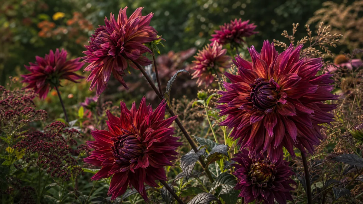 Dahlia 'Penhill Dark Monarch' als redaktionelle Gartenillustration in einem deutschen Gartenumfeld