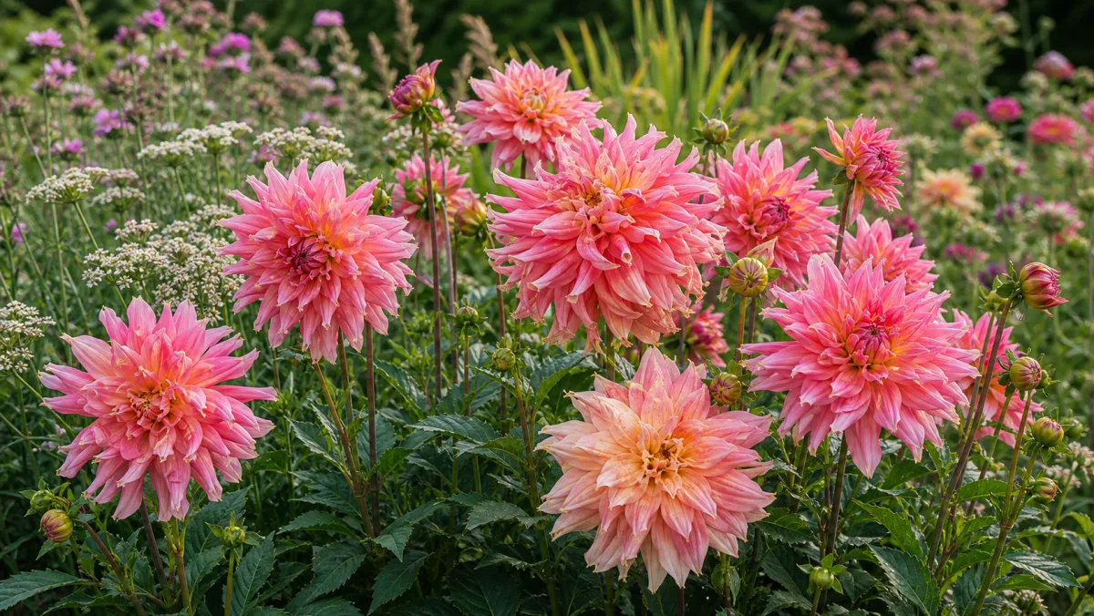 Dahlia 'Penhill Watermelon' als redaktionelle Gartenillustration in einem deutschen Gartenumfeld