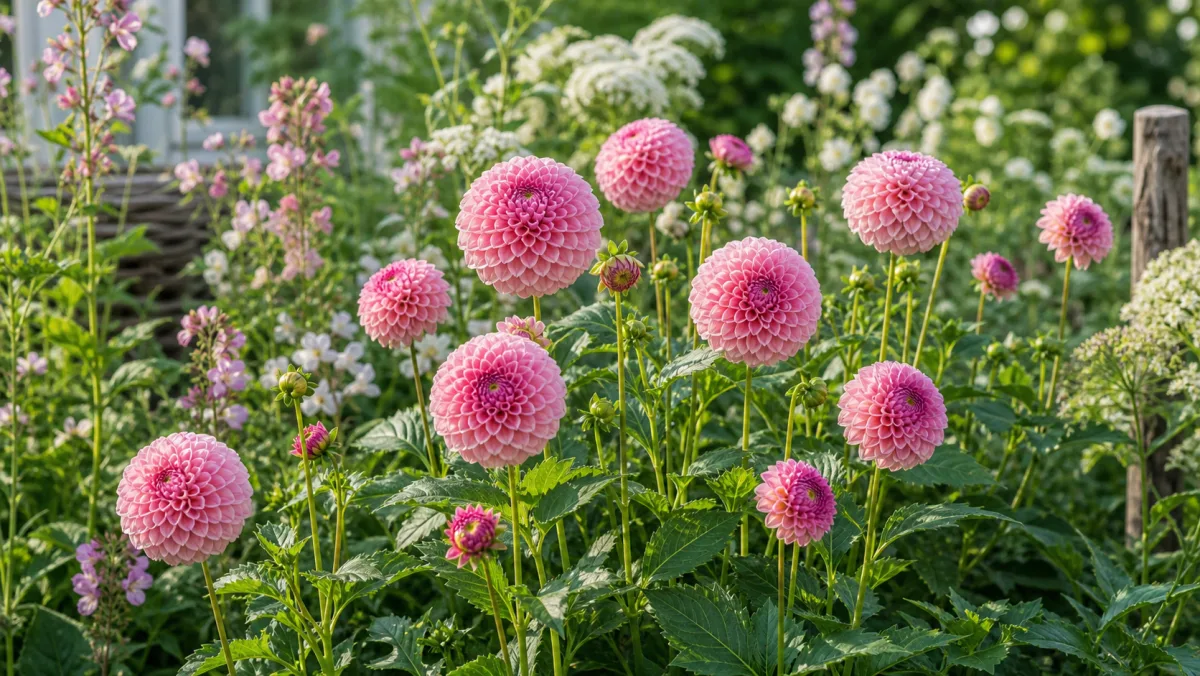 Dahlia 'Stolze von Berlin' als redaktionelle Gartenillustration in einem deutschen Gartenumfeld