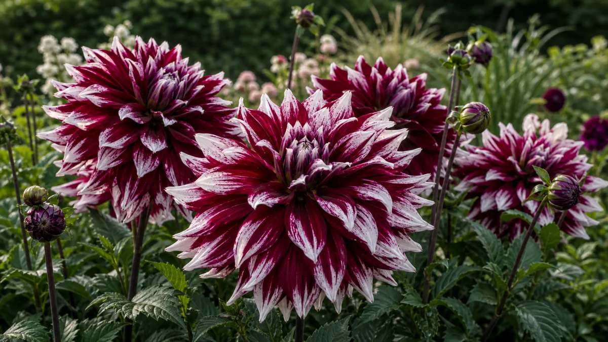 Dahlia 'Tartan' als redaktionelle Gartenillustration in einem deutschen Gartenumfeld