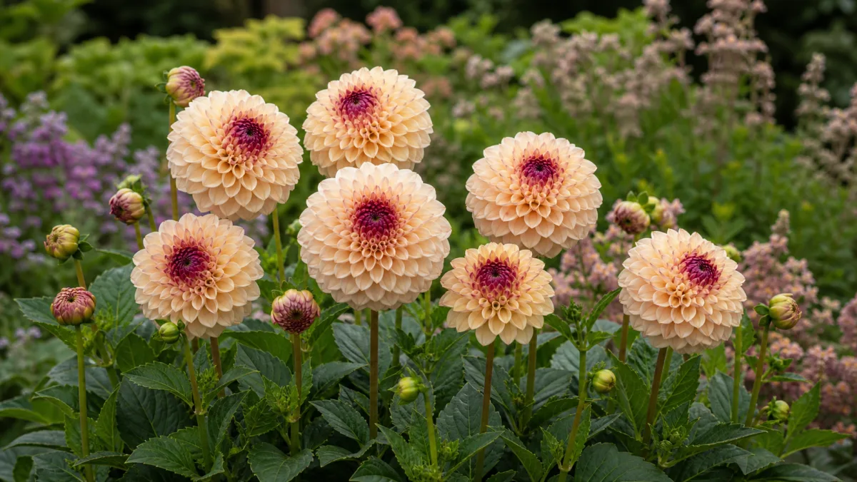 Dahlia 'Wine Eyed Jill' als redaktionelle Gartenillustration in einem deutschen Gartenumfeld