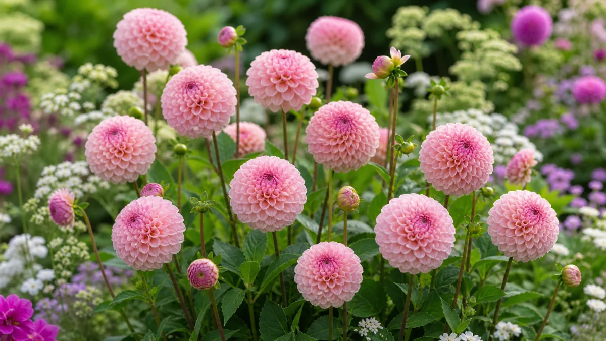 Dahlia 'Wizard of Oz' als redaktionelle Gartenillustration in einem deutschen Gartenumfeld