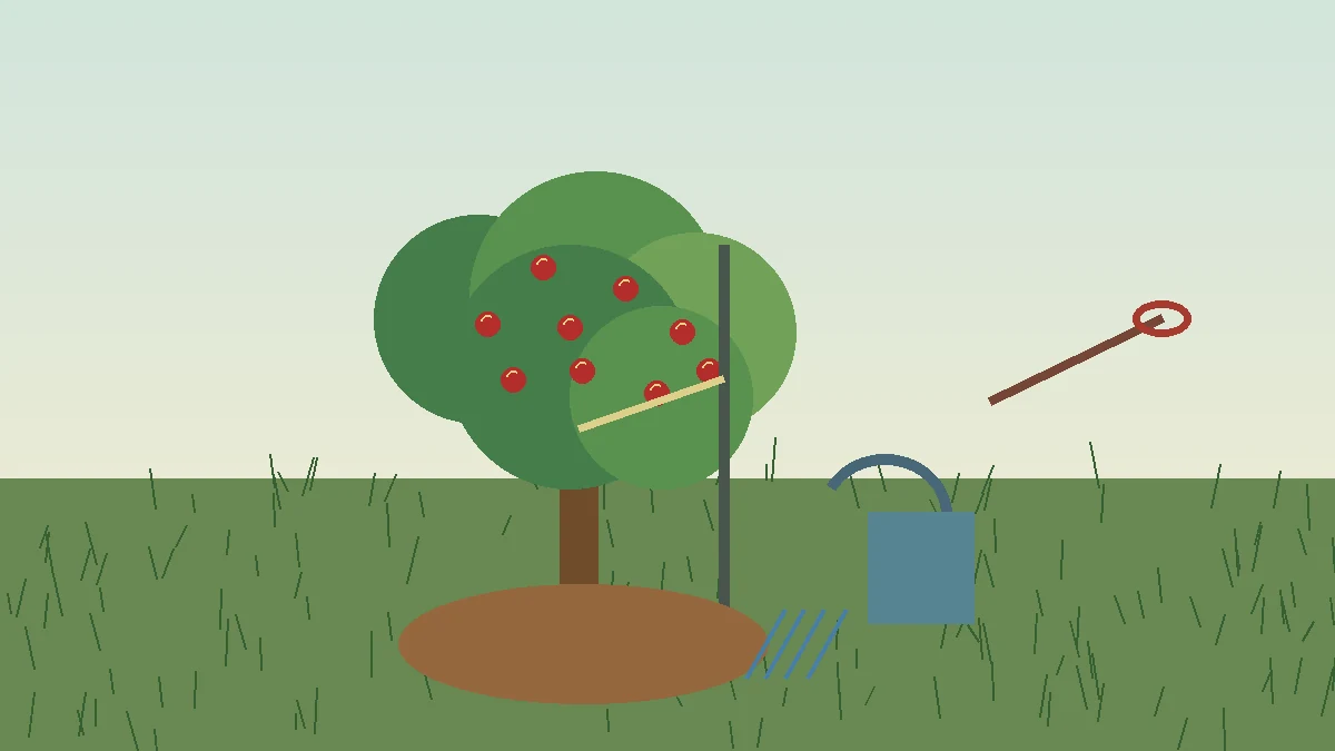 Junger Apfelbaum mit Stütze, Wasser und Mulch