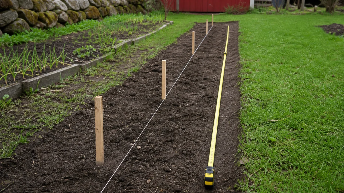 Maßband und Schnur markieren eine neue Apfelbaumhecke