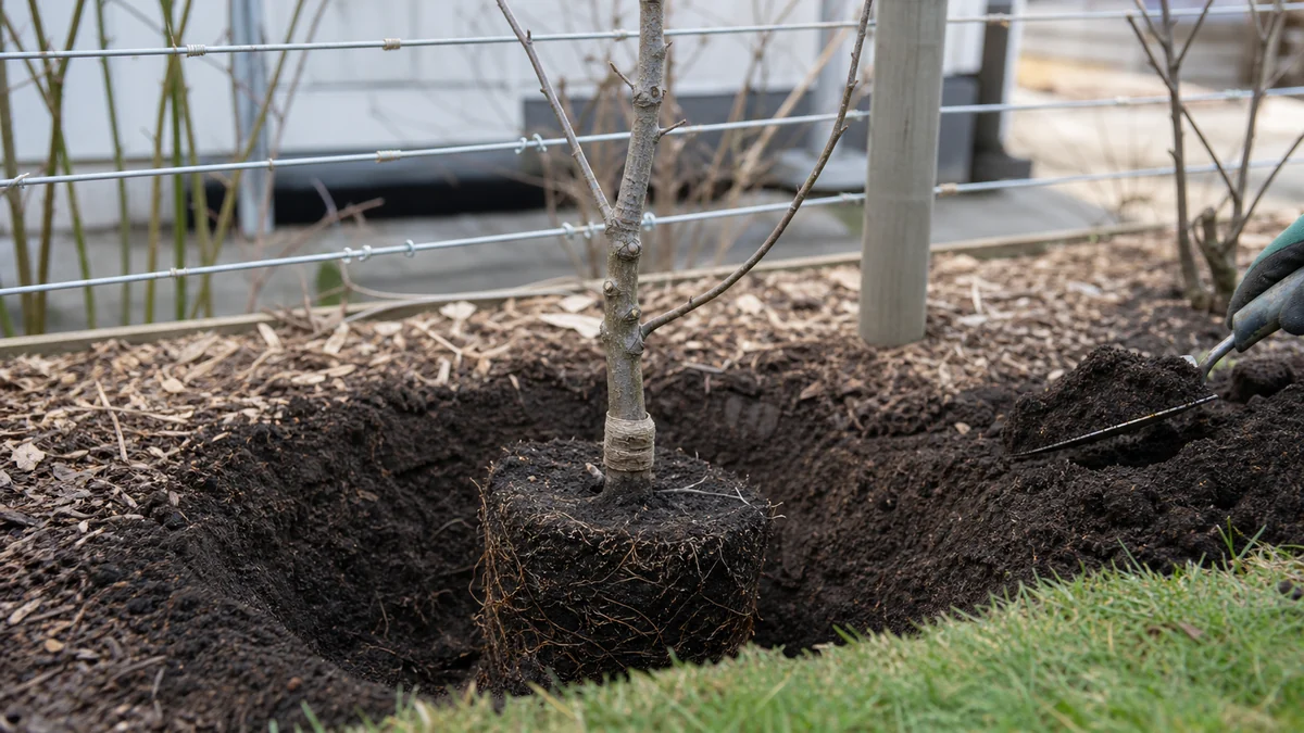 Junger Apfelbaum mit Veredlungsstelle über dem Boden
