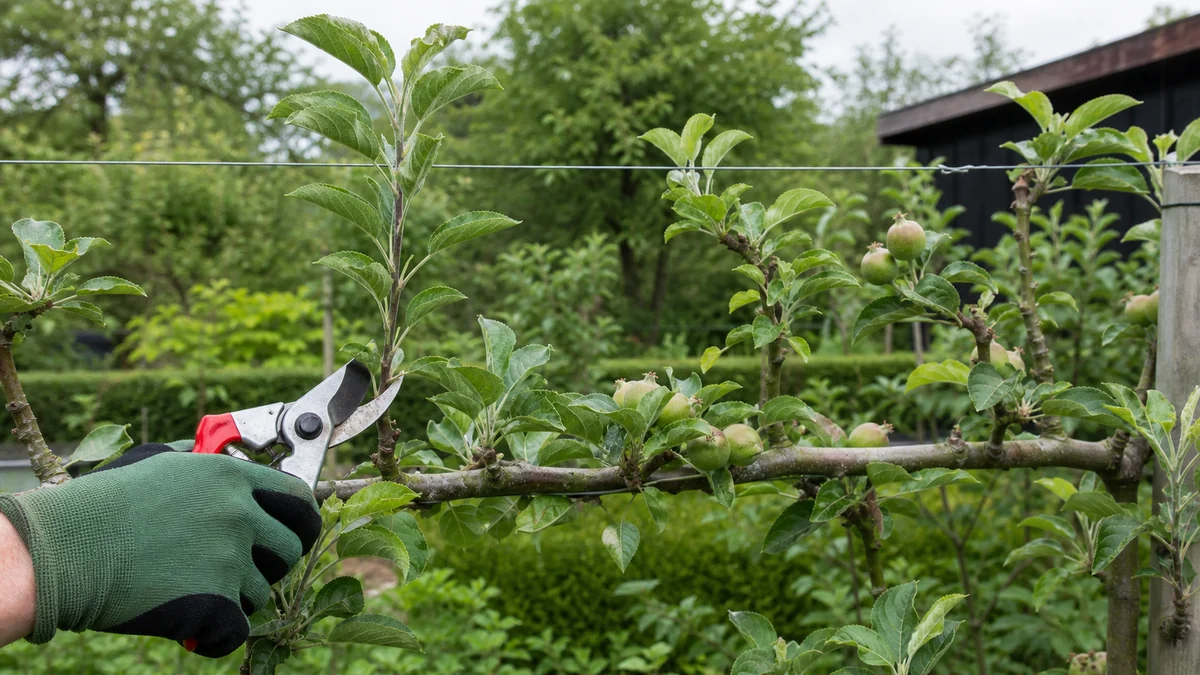 Sommerschnitt an Seitentrieben einer Apfelbaumhecke