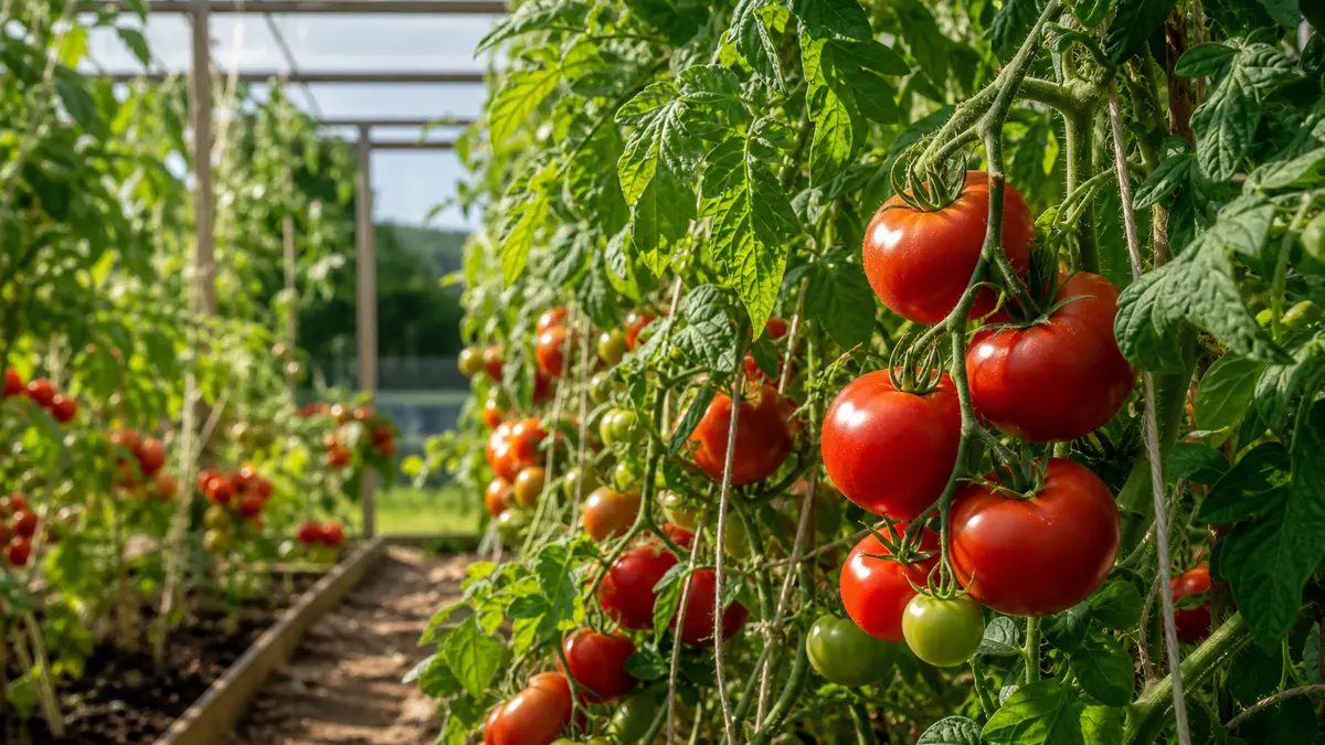 Hand, die einen kleinen Geiztrieb an einer Tomatenpflanze im Gewächshaus entfernt