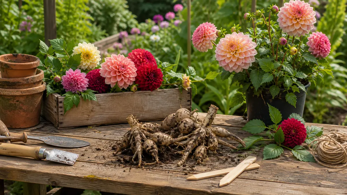 Dahlienknollen online als redaktionelle Gartenillustration in einem deutschen Gartenumfeld