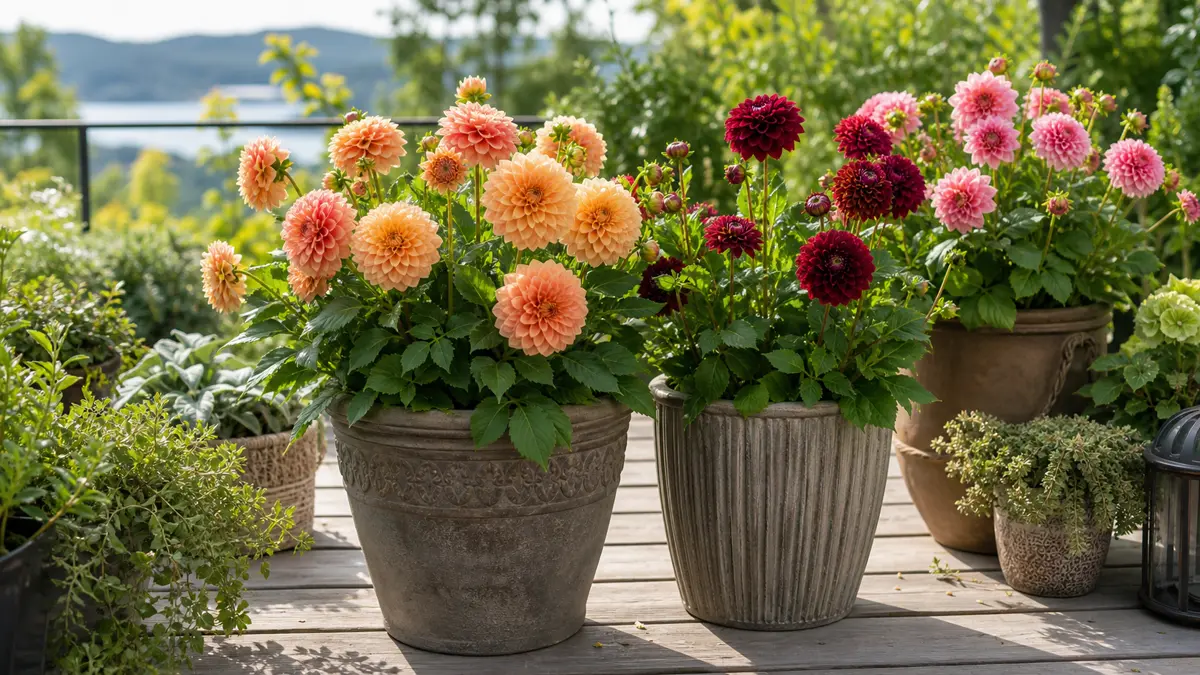 Dahlien im Topf als redaktionelle Gartenillustration in einem deutschen Gartenumfeld