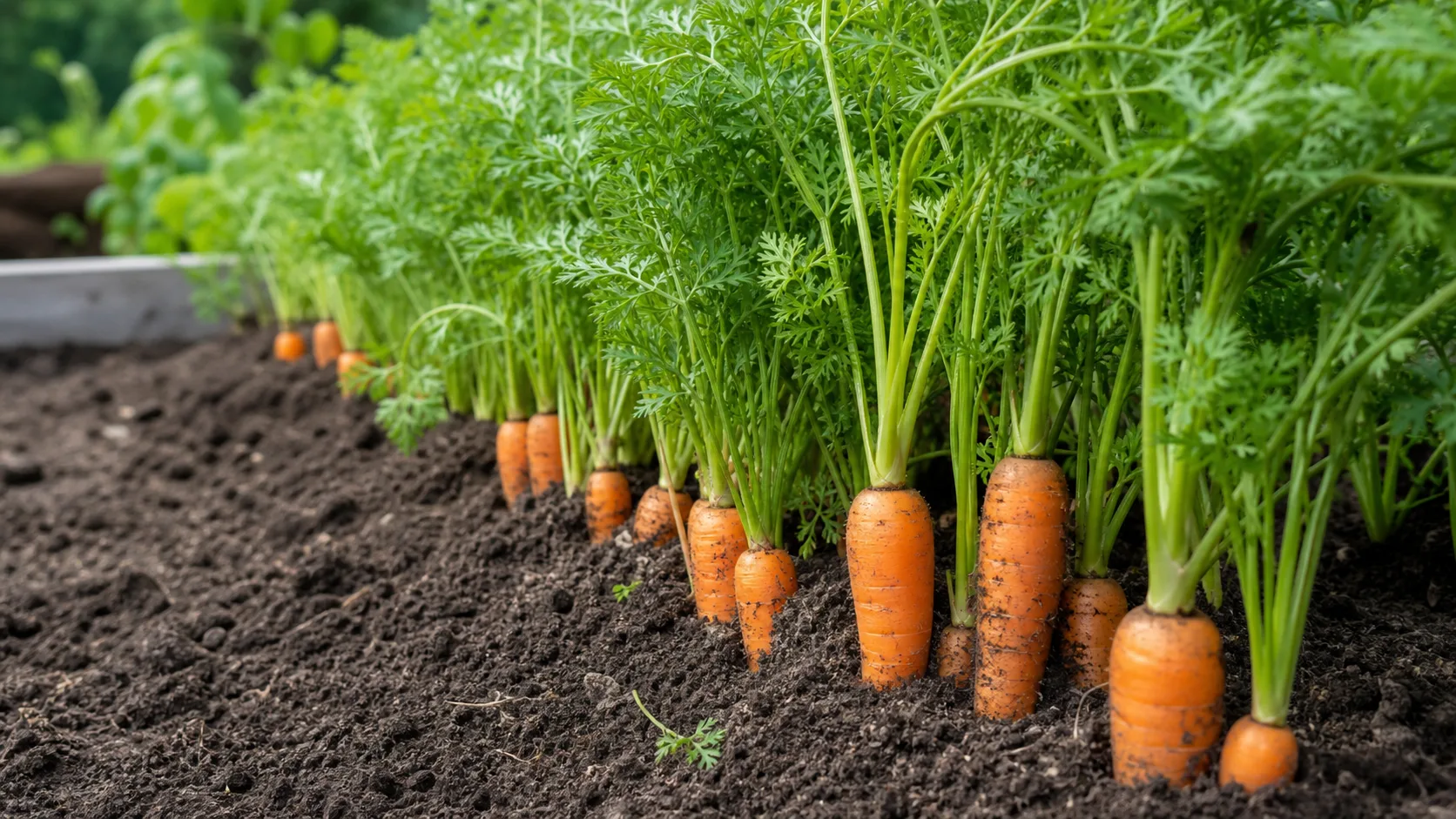 Karotte als redaktionelle Gartenillustration in einem deutschen Gartenumfeld