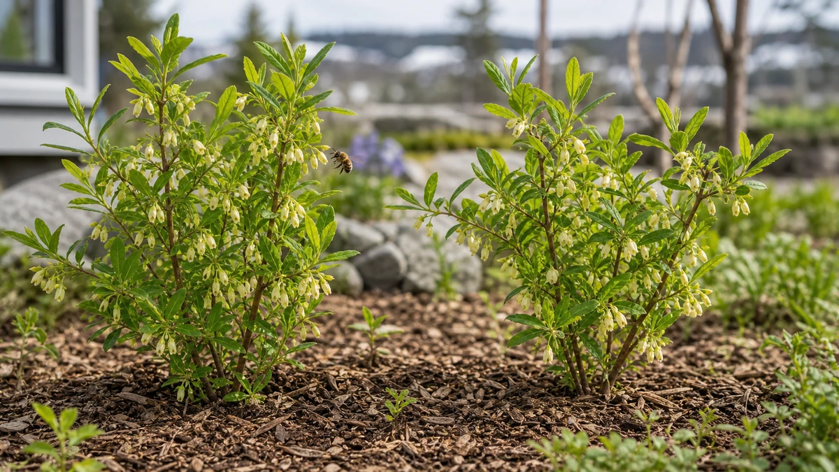 Zwei Maibeerensträucher mit frühen hellgelben Blüten nebeneinander