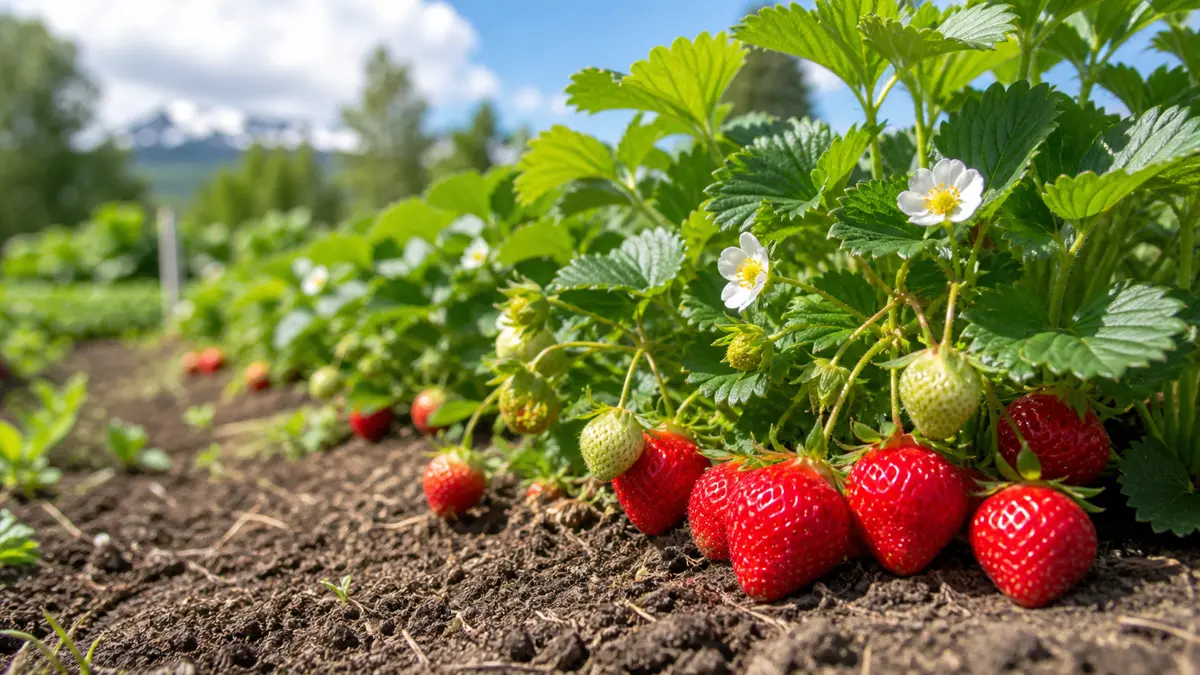 Erdbeeren als redaktionelle Gartenillustration in einem deutschen Gartenumfeld