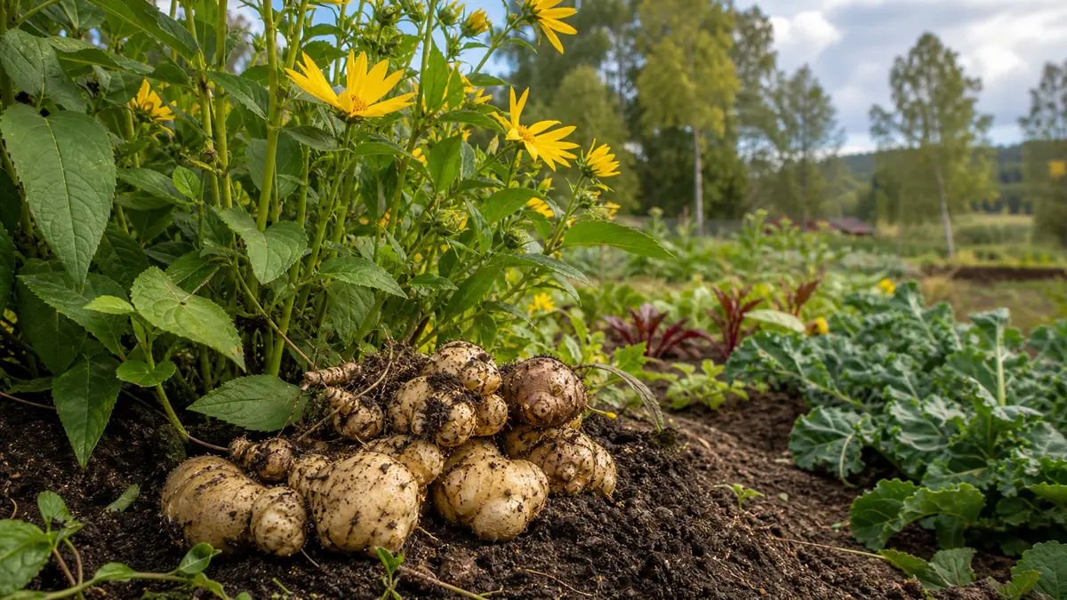 Topinambur als redaktionelle Gartenillustration in einem deutschen Gartenumfeld