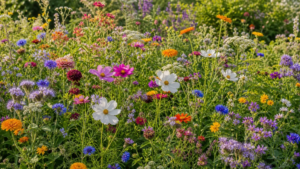 Bio-Mix für Einjährige als redaktionelle Gartenillustration in einem deutschen Gartenumfeld