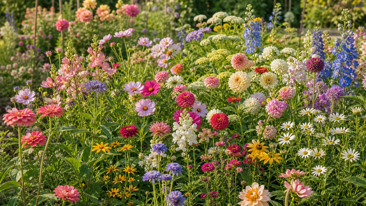 Bio-Samenmischung für Schnittblumen als redaktionelle Gartenillustration in einem deutschen Gartenumfeld