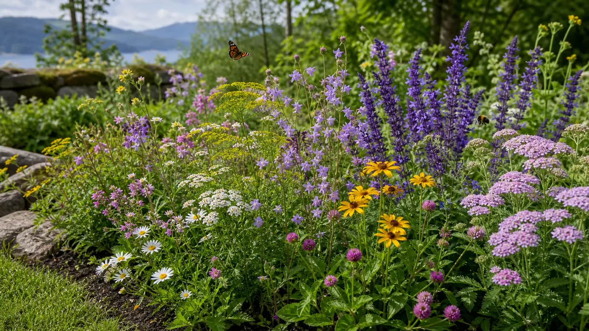 Bestäuberfreundliche Blumen als redaktionelle Gartenillustration in einem deutschen Gartenumfeld