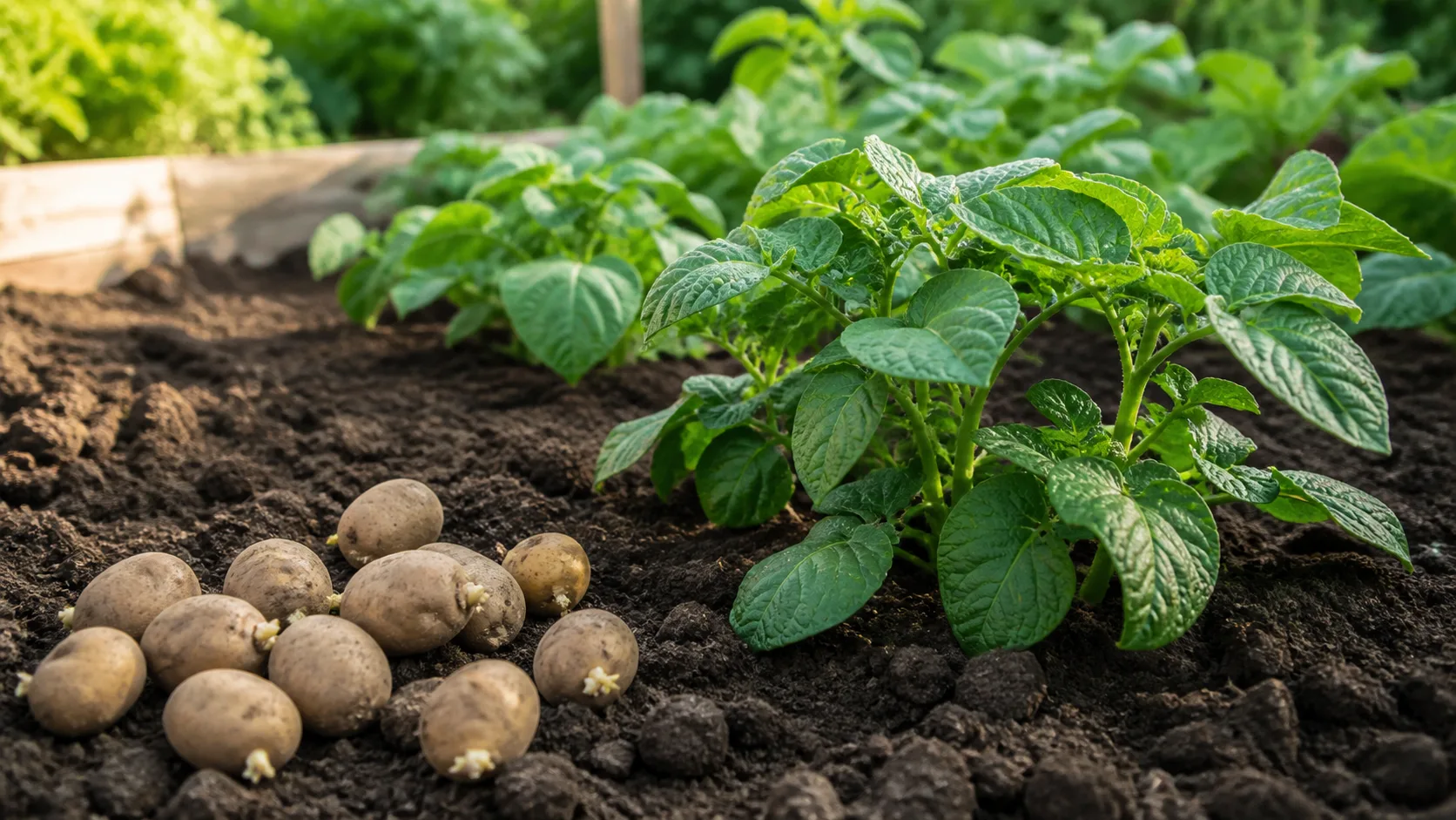 Kartoffeln als redaktionelle Gartenillustration in einem deutschen Gartenumfeld