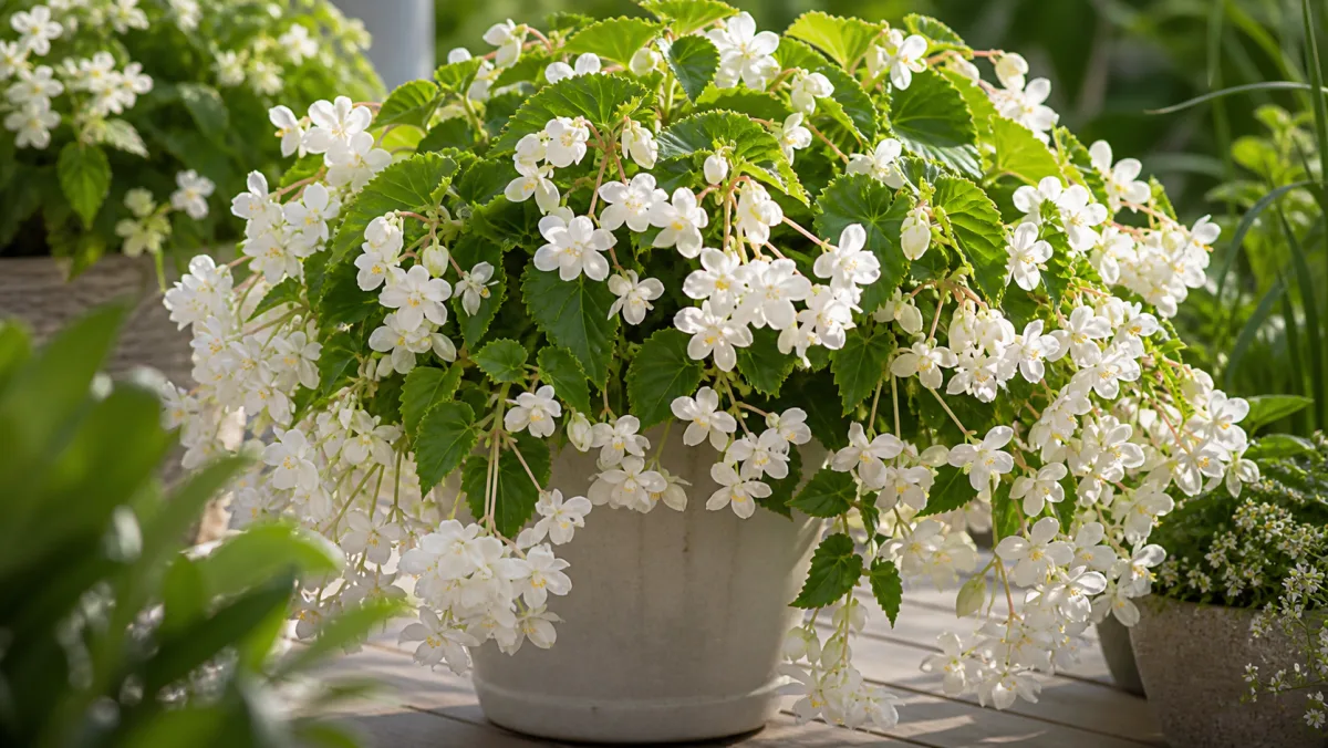 Hängebegonie 'Santa Barbara' als redaktionelle Gartenillustration in einem deutschen Gartenumfeld