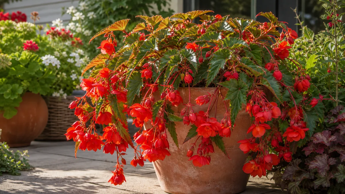 Hängebegonie 'Santa Cruz' als redaktionelle Gartenillustration in einem deutschen Gartenumfeld