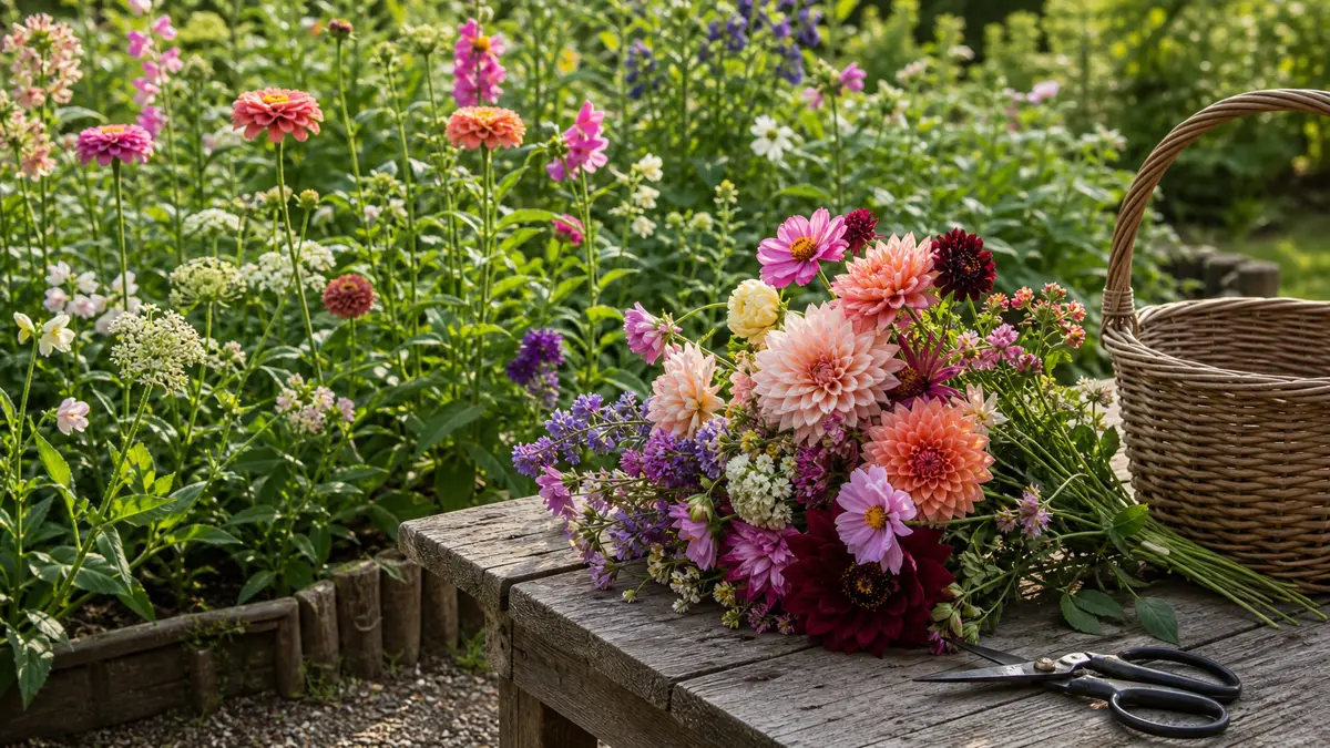 Schnittblumen aus Samen als redaktionelle Gartenillustration in einem deutschen Gartenumfeld