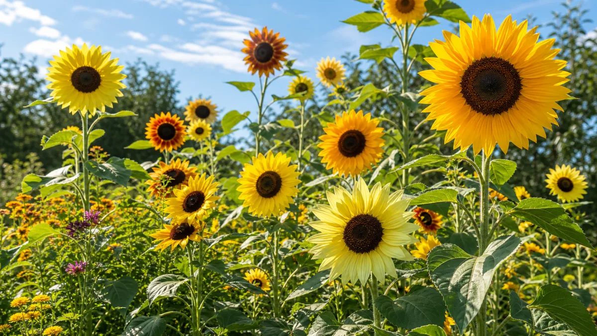Sonnenblumen-Samenmischung als redaktionelle Gartenillustration in einem deutschen Gartenumfeld