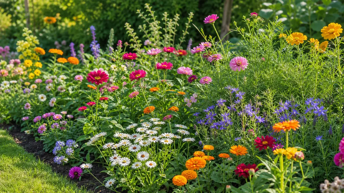 Sommerblumen aus Samen als redaktionelle Gartenillustration in einem deutschen Gartenumfeld
