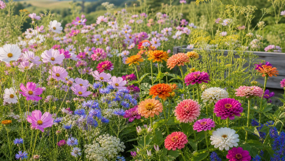 Schnittblumen für den Sommer als redaktionelle Gartenillustration in einem deutschen Gartenumfeld