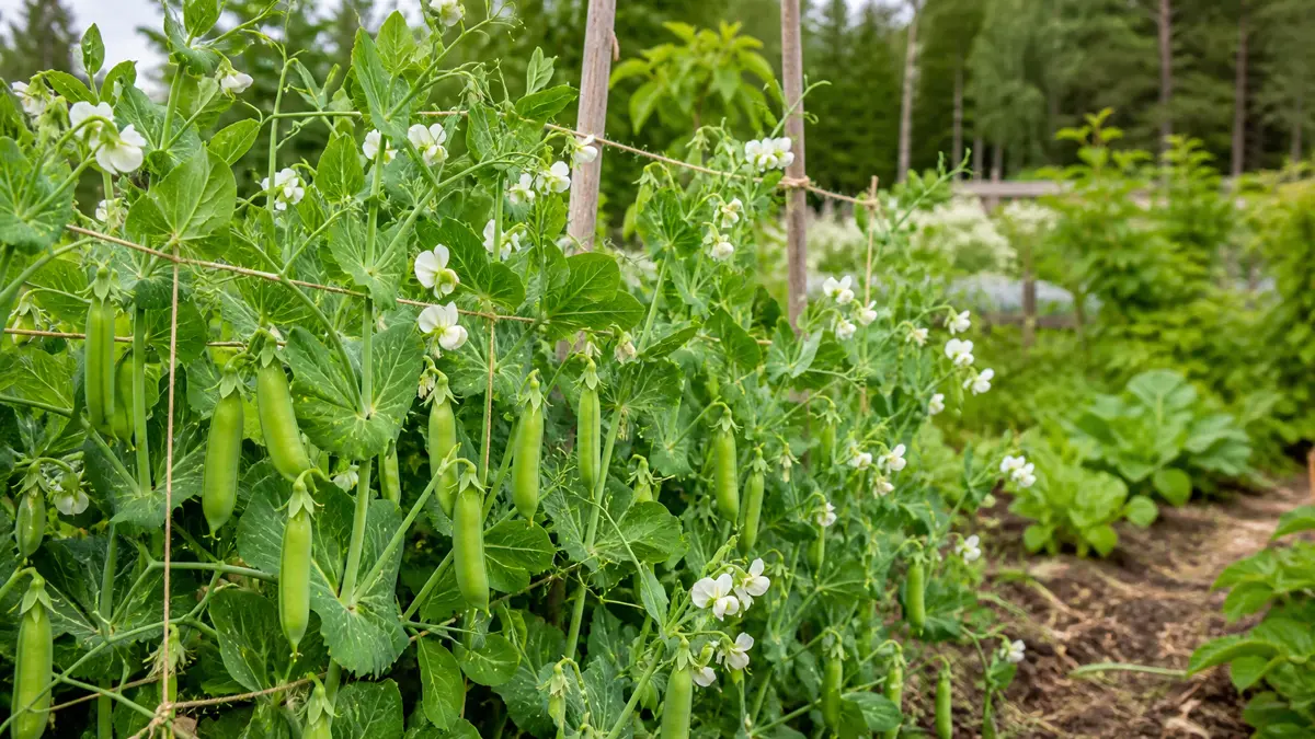 Zuckererbsen als redaktionelle Gartenillustration in einem deutschen Gartenumfeld